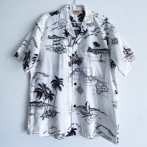 Vintage Royal Creations Made in Hawaii White Blue Island Hawaiian Shirt Men Sz L